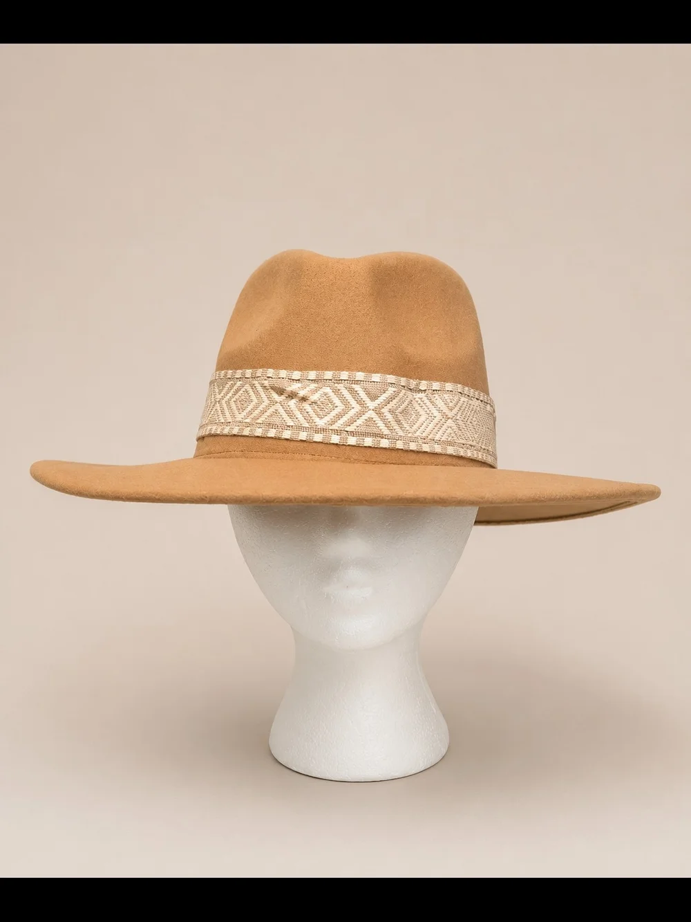 Wide-Brim Felt Fedora Hat with Decorative Woven Band - Tan - NWOT